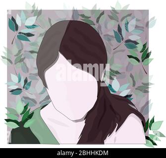 Portrait abstrait d'une femme. Portrait de femme sans visage avec ornement de feuilles vertes. Belle fille icône. Illustration de Vecteur