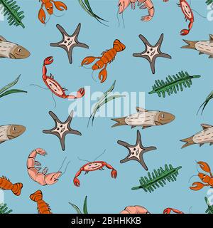 Homards bizarres. Poissons de dessin animé. Motif Sealife. Illustration de Vecteur