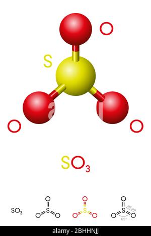 Trioxyde de soufre, SO3, modèle de molécule et formule chimique. Polluant significatif et agent primaire dans les pluies acides. Modèle à bille et à bras. Banque D'Images