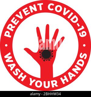 Lavez-vous les mains pour éviter COVID-19. Main avec le symbole du coronavirus. Autocollant vectoriel Illustration de Vecteur