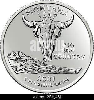 L'argent américain, les États-Unis Washington quart de dollar ou 25 cents de pièce d'argent, crâne de bison américain avec montagnes et la rivière Missouri à l'envers Illustration de Vecteur