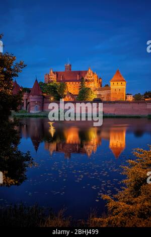 Le château de Malbork de nuit en Pologne, forteresse médiévale de l'ordre des Chevaliers teutoniques avec réflexion sur le fleuve Nogat, site classé au patrimoine mondial de l'UNESCO. Banque D'Images