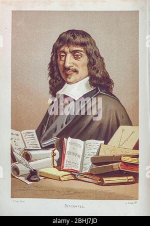 René Descartes (31 mars 1596 – 11 février 1650) était philosophe, mathématicien et scientifique français. De l'ouvrage la ciencia y sus hombres : vidas de los sabios ilustres desde la antigüedad hasta el siglo XIX T. 2 [Science et ses hommes: Vies des illustres sages de l'antiquité au 19ème siècle Vol 2] par Figier, Louis, (1819-1894); Casabó y Pagés, Peleín, n. 1831 publié à Barcelone par D. Jaime Seix, rédacteur en chef , 1879 (imprenta de Baseda y Giró) Banque D'Images