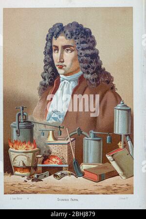 Denis Papin FRS [Dionisio Papin] (22 août 1647 – 26 août 1713) était un physicien français, mathématicien et inventeur, mieux connu pour son invention pionnière du digesteur à vapeur, le forteur du cuiseur à pression et du moteur à vapeur du livre la ciencia y sus hombres : vidas de los sabios ilustres desde la antigüedad hasta el siglo XIX T. 2 [Science et ses hommes: Vies des illustre sages de l'antiquité au 19ème siècle Vol 2] par Figier, Louis, (1819-1894); Casabó y Pagés, Pelegrín, n. 1831 publié à Barcelone par D. Jaime Seix, rédacteur en chef , 1879 (imprenta de Baseda y Banque D'Images