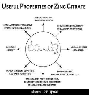 Citrate de zinc propriétés utiles formule chimique moléculaire. Infographies du zinc. Illustration vectorielle sur un arrière-plan isolé. Illustration de Vecteur