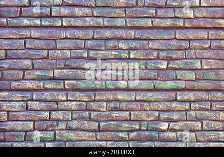 Une clôture en brique de briques décoratives de différentes tailles est recouverte de peinture lilas avec des taches vertes. Banque D'Images