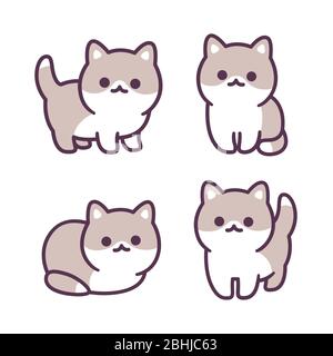 Jeu d'illustrations dessinées à la main pour petit bébé chaton. Adorable petit chat debout, assis et allongé. Style kowaii simple. Illustration de Vecteur