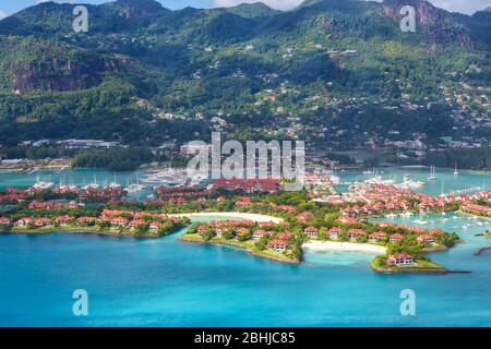 Seychelles Eden Island Beach Mahe vacances paradis océan vue aérienne voyage Banque D'Images