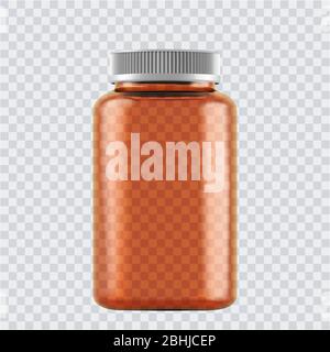 Des bouteilles de verre simulées réalistes pour les médicaments, les comprimés. Conteneurs médicaux en plastique blanc isolés sur fond transparent. Illustration vectorielle Illustration de Vecteur