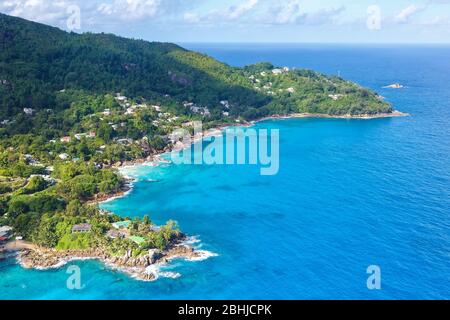 Seychelles paysage villa de luxe plage Mahe vacances océan vue aérienne voyage Banque D'Images