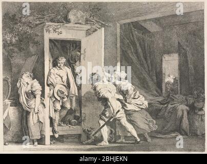 Le Cupboard 1778 Jean-Honoré Fragonard (français, 1732-1806) France, gravure du XVIIIe siècle. Fragonard a conçu ce populaire gravure pour ravir ses spectateurs, qui craptent sur la scène dramatique comme les serviteurs indiscrets en arrière-plan. Une jeune fille se désagère alors que son petit ami, pris dans une armoire, se cache de manière servile devant les parents en colère de la fille. Les draps froissés et la position du chapeau donnent les activités passionnées des jeunes amoureux. Comiquement, le chapeau avec un large ruban tenu par le garçon appartient à sa petite amie. Son chapeau Uni avec un bord boutonné se bloque dans le placard. Banque D'Images