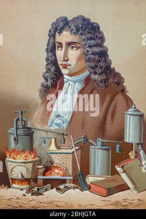 Denis Papin FRS [Dionisio Papin] (22 août 1647 – 26 août 1713) était un physicien français, mathématicien et inventeur, mieux connu pour son invention pionnière du digesteur à vapeur, le forteur du cuiseur à pression et du moteur à vapeur du livre la ciencia y sus hombres : vidas de los sabios ilustres desde la antigüedad hasta el siglo XIX T. 2 [Science et ses hommes: Vies des illustre sages de l'antiquité au 19ème siècle Vol 2] par Figier, Louis, (1819-1894); Casabó y Pagés, Pelegrín, n. 1831 publié à Barcelone par D. Jaime Seix, rédacteur en chef , 1879 (imprenta de Baseda y Banque D'Images