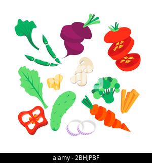 Ensemble de légumes. Préparation de la salade. Légumes entiers, tranchés et hachés : tomate, betterave, haricots verts, feuilles de salade, maïs sucré, brocoli Illustration de Vecteur