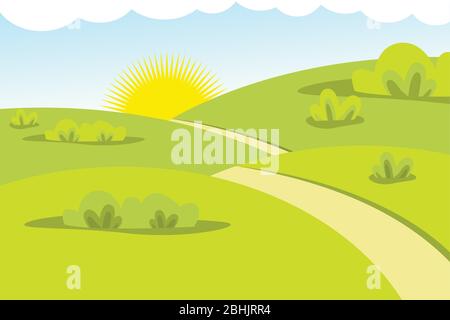 Paysage vectoriel à conception plate nature avec route et soleil. Fond de couleur vectoriel de la nature. Illustration vectorielle EPS.8 EPS.10 Illustration de Vecteur