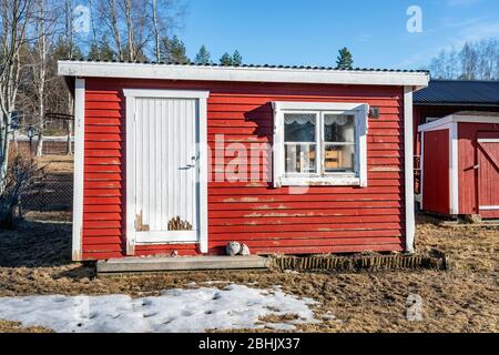 Petite maison d'hôtes typique de couleur rouge avec une porte blanche et fenêtre blanche dans la campagne suédoise a besoin de rénovation immédiate - vieux flocons de peinture Banque D'Images