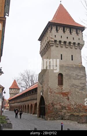 Partie du système médiéval de fortification autour de la vieille ville de Sibiu, Roumanie. La tour Potters à l'avant, la tour Carpenter à l'arrière. Banque D'Images