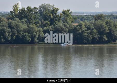 Paysage du Danube avec bateau et kayak sur le fleuve. En arrière-plan se trouve un rivage vert épais et élevé Banque D'Images