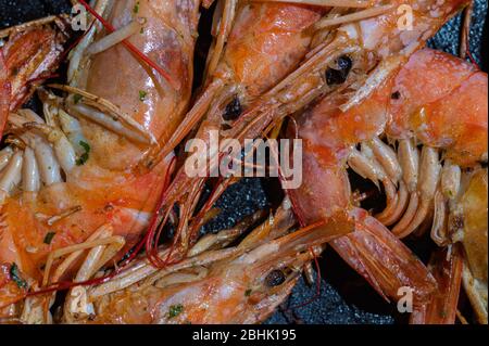 Gros plan de crevettes fraîches et juteuses Banque D'Images