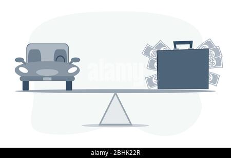Automobile, prêt auto ou transformation des actifs en concept de trésorerie. Modèle de voiture, billets en dollars américains dans la valise sur une balance simple. Illustration de Vecteur