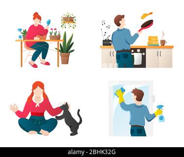 Restez à la maison hobbies vecteur personnes dessins animés personnages ensemble. Les personnes impliquées dans différentes activités isolées sur blanc. Vecteur de temps de passe de quarantaine Illustration de Vecteur