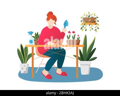 Femme plantant fleurs vecteur personnage de dessin animé. Fille avec plantes de maison isolée sur blanc. Illustration vectorielle de jardinage floriste femelle dans un style plat Illustration de Vecteur