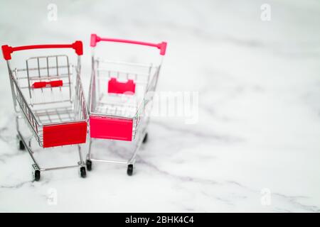 Achats, achats, supermarché, vente, concept de centre commercial. Deux petits chariots à provisions miniatures en métal vides sur fond clair. Mise au point sélective. Banque D'Images