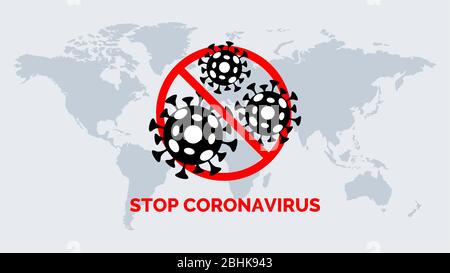 Concept de bannière vectorielle d'arrêt de Coronavirus. Illustration plate de la carte mondiale et de la cellule Covid-19 barrée. Quarantaine et auto-isolement, pandémie de grippe respiratoire pathogène de Chine 2019-ncov éclosion. Illustration de Vecteur