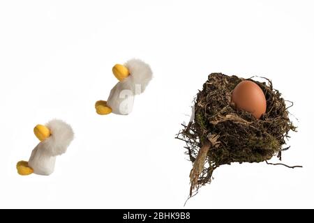 Deux poussins en peluche sautant d'un nid d'oiseaux réel contenant un œuf de poulet sur fond blanc. Concept; fuite du nid, départ de la maison. Banque D'Images