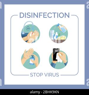 Désinfection et arrêt du modèle de carte plate vectorielle virale. Conseils de protection contre l'éclosion de Covid-19 de Coronavirus. Lavez-vous les mains et désinfectez les produits, les bras et les surfaces à partir du virus. Illustration de Vecteur