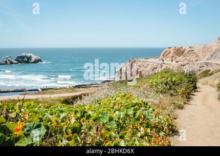 Vue panoramique depuis la piste supérieure des bains Sutro sur l'océan Pacifique. Lieux touristiques à San Francisco, destinations touristiques dans Bay Area, Californie sites touristiques Banque D'Images