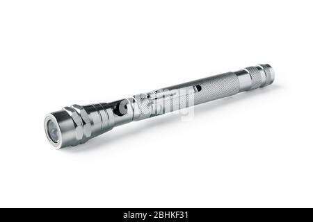 Lampe de poche LED en métal isolée sur fond blanc Banque D'Images