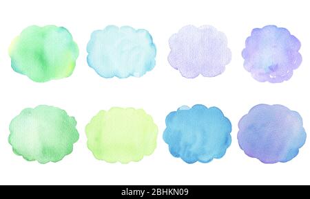Jeu de colorations colorées. Taches d'aquarelle bleues, vertes et violettes. Arrière-plans de texture abstraite peinte à la main. Illustration tirée à la main. Conception f Banque D'Images