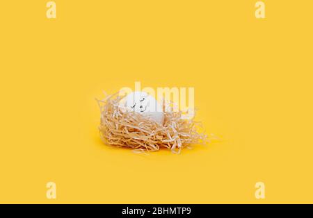 Un joli œuf de Pâques blanc avec un marqueur noir a été mis en veille dans un nid de papier fait de papier pressé sur un fond jaune clair Banque D'Images
