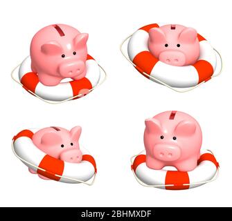 Concept - aide à la récession financière. Assurance-dépôts. Banque de piggy et bouée de sauvetage. Isolé sur fond blanc. rendu 3d Banque D'Images