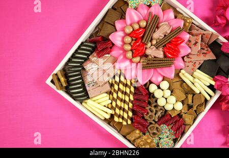 Assiette de pacage en charcuterie au dessert au chocolat avec un large choix de chocolat noir, au lait, blanc et rubis sur fond rose moderne pour la fête des mères ou Banque D'Images