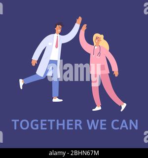 Un médecin et une infirmière heureux sautant avec les mains levées. Style vectoriel plat. Illustration de Vecteur