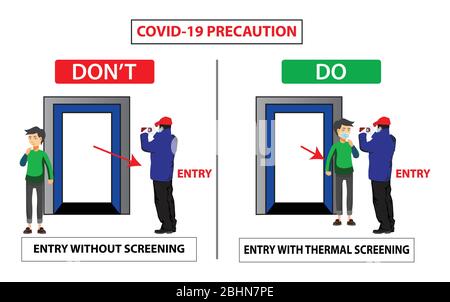 Ne pas poster pour le virus corona covid 19. Instructions de sécurité pour les employés et le personnel de bureau. Les employés doivent effectuer un contrôle thermique au niveau de la ga de sécurité Illustration de Vecteur