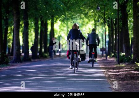 27 avril 2020, Rhénanie-du-Nord-Westphalie, Münster: Les cyclistes sont en train de sortir et d'aller tôt le matin sur la promenade, la 'route de vélo' de Münster. Photo: Rolf Vennenbernd/dpa Banque D'Images