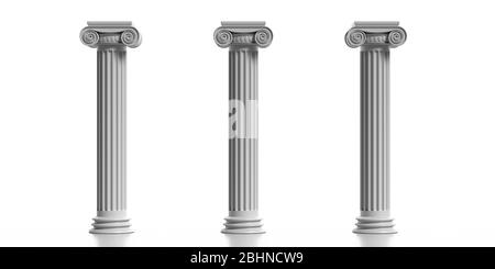 Colonnes anciennes marbre grec en pierre, trois socles de style ionique, isolés sur fond blanc, vertical. illustration tridimensionnelle Banque D'Images