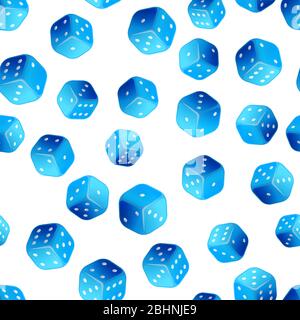 Beaucoup de bleu brillant jeu de dés, casino sans couture motif sur blanc Illustration de Vecteur