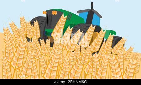 Illustration vectorielle de l'agriculture avec un tracteur sur le terrain. Illustration de Vecteur