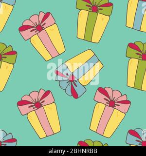 Motif vectoriel sans couture avec boîtes cadeaux, papier d'emballage, tissu. Illustration de Vecteur