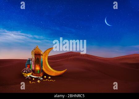Magnifique désert islamique du Ramadan contexte, lampe lumineuse arabe traditionnelle avec dates et demi-lune, Ramadan et image concept Eid 2020 Banque D'Images