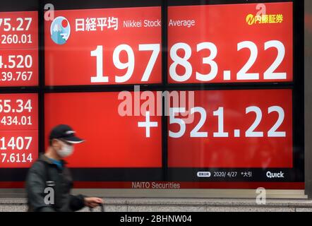 Tokyo, Japon. 27 avril 2020. Un passage piéton passe avant la planche à Tokyo le lundi 27 avril 2020. Les cours des actions japonaises ont augmenté de 521,22 yens pour se fermer à 19 783,22 yens à la Bourse de Tokyo. Crédit: Yoshio Tsunoda/AFLO/Alay Live News Banque D'Images
