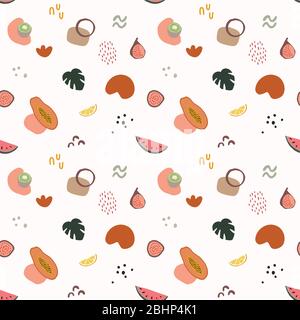 Motif sans couture estivale avec pastèque, papaye, kiwi, figues, feuilles de monstère et formes géométriques abstraites. Tissu tropical, tissu avec fruits Illustration de Vecteur