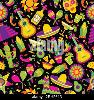 Modèle vectoriel sans couture avec éléments mexicains - guitare, sombrero, tequila, taco, crâne sur noir. Un cadre artistique parfait pour votre design. Illustration de Vecteur