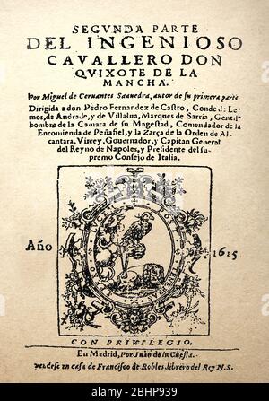 Page de titre du roman Don Quichote de Miguel de Cervantes publié en 1615. Première édition de la deuxième partie Banque D'Images