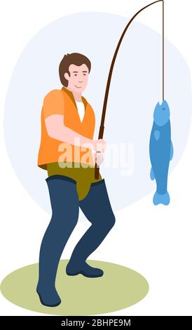 Pêcheur avec la pêche Rod prendre UN gros poisson sur la rive illustration vectorielle de la collection hobbies. Illustration de dessin animé isolé sur blanc Illustration de Vecteur