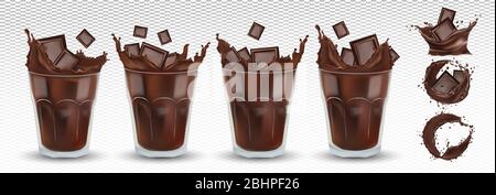 Un chocolat réaliste en relief dans le verre transparent avec des morceaux de chocolat. Grande collection de cacao ou de café. Éclaboussures de chocolat noir. Chocolat chaud, boisson, cocktail. Jeu d'icônes. Illustration vectorielle. Illustration de Vecteur