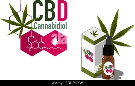 Conception vectorielle icône ou logo de concept médical et de santé pour les produits de cannabinoïdes CBD par molécule cbd et paquet d'huile cbd Illustration de Vecteur